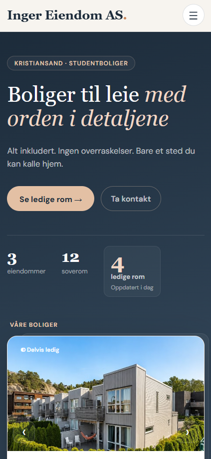 Nettside for Amo Eiendom AS med boligoversikt og kontaktflyt
